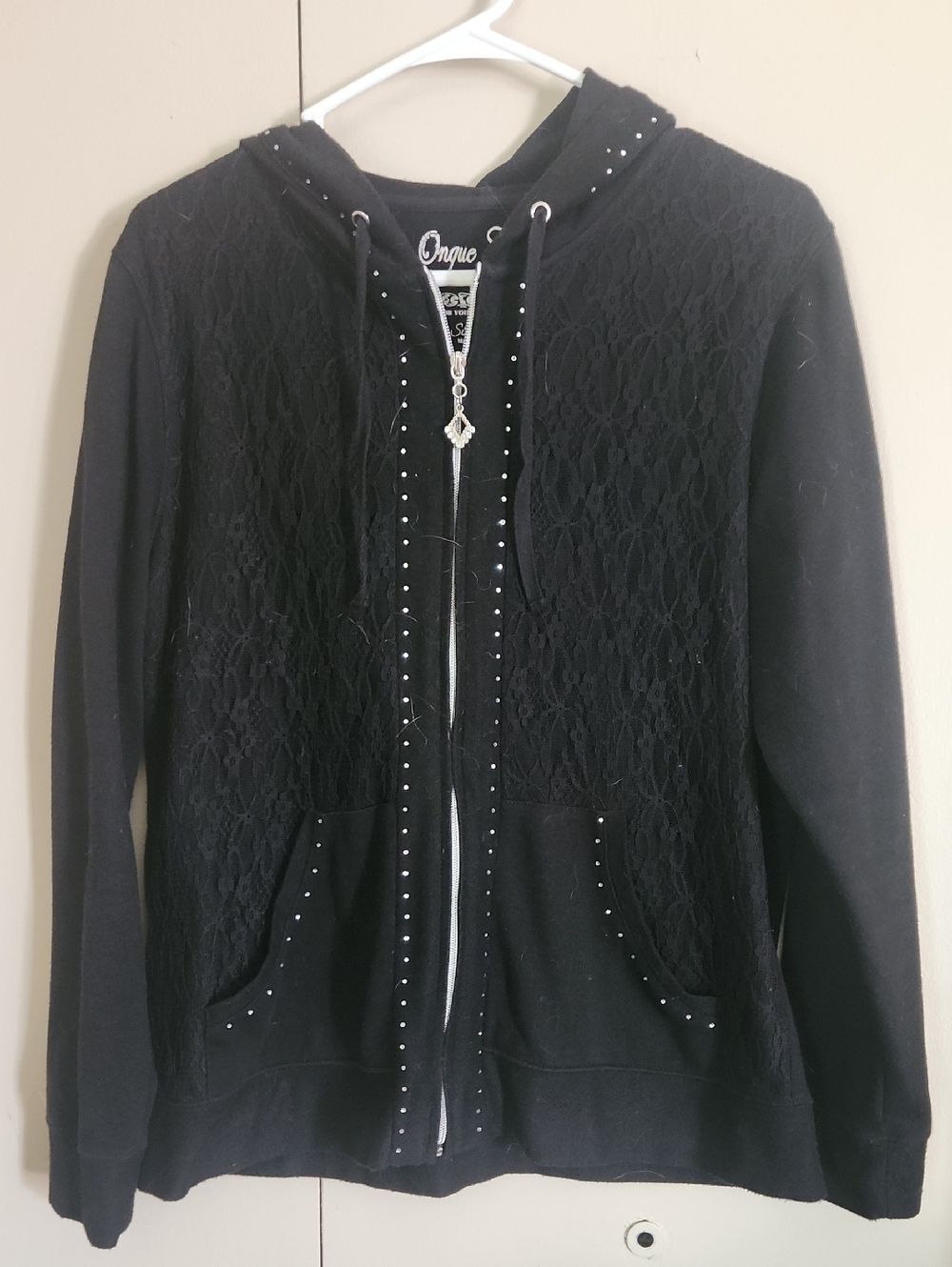H  Onque Casuals Black Lace & Rhinestone Zip-Up Hoodie